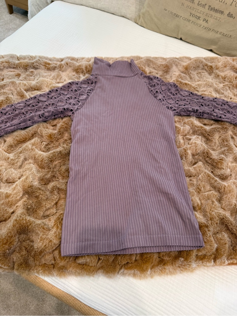 Free People Lavender Lace-Sleeve Ribbed Long-Sleeve Dress